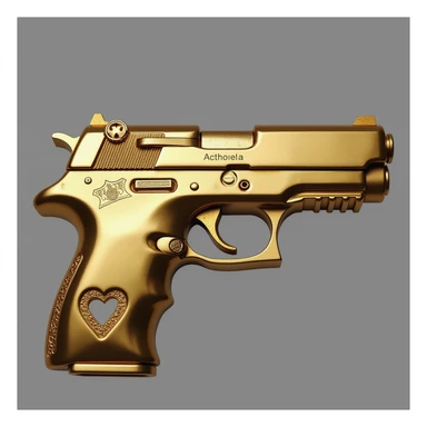 photorealistic gold pistol with a glossy finish, no heart shapes or motifs, white background sticker