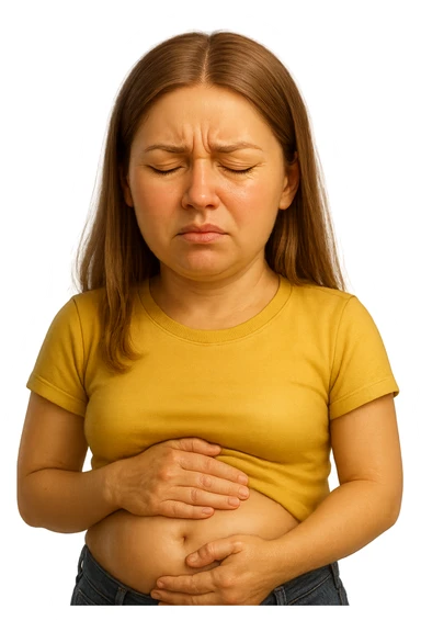 emoji stile iphone di donna con mal di pancia e pancia gonfia, iperrealistico 4k sticker