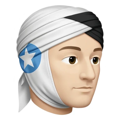 Un drapeau blanc avec au centre une tête de Maure (un homme noir) de profil, tournée vers la gauche avec : 	•	Un bandeau blanc ou serre-tête noué autour du front, 	•	Les traits du visage bien visibles (nez, lèvres, oreille),  sticker