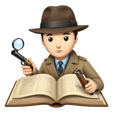 Icon for Detective Reading: an open book with text and a magnifying glass on the pages, a classic detective hat and a pipe, surrounded by clues like footprints, a revolver and a notepad. The icon should represent the mystery and intrigue of detective stories. Transparent background. sticker