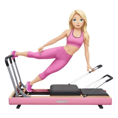  long blown out blonde hair woman blue eyes wearing pink workout set doing pilates reformer sticker