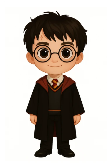 Adjust Harry Potter to full body, standing, wearing traditional Gryffindor uniform, round glasses, scar on forehead, large eyes, and exactly the same height and proportion as the character with glasses in the second reference image. Maintain the same visual style as the original image. sticker