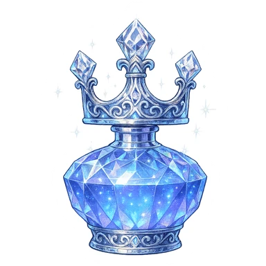 crown-shaped ultra luxurious elixir bottle, color #7986cb, multi-layered holographic and silver details, intricate crystal facets, magical radiant glowing and sparkling effects, seamless ornate bottom, very small neck, transparent background, floating clearly in air, not standing, no base or shadow, modern, extremely beautiful, matching a collection sticker