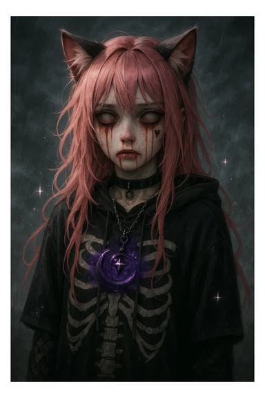 realistic anime catgirl with pink hair, emo streetwear, heart tattoo under left eye, dark magical accessory, sparkles, stormy background, blood tears horror look with crying blood, hollow stare, unsettling aura sticker