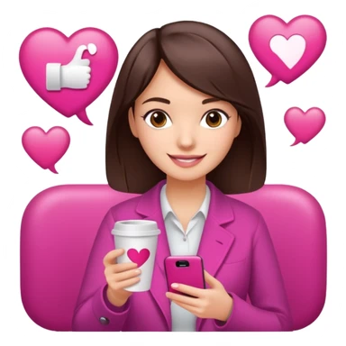 Social media manager. She has dark brown hair, brown eyes, a friendly smile. She is holding a smartphone and a coffee cup. Include subtle marketing elements like small icons of hashtags or a speech bubble with a heart, instagram logo. Use vibrant colors with a focus on pink and fuchsia tones. sticker