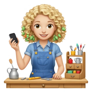 smiling blonde curly woman arranging furniture in doll house with overalls sticker