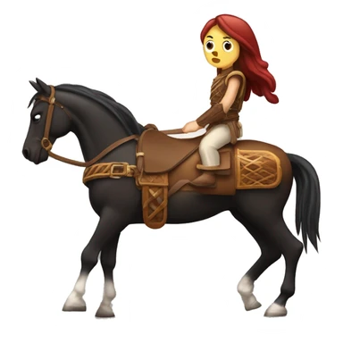 Caballo marrón de crines negras haciendo coma clásica con una amazona morena  sticker