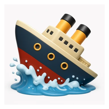 A 3D emoji in iOS emoji aesthetic style of a large ship sinking into the ocean, the front half already underwater while the back half tilts upward dramatically, surrounded by splashing waves and foam, soft realistic lighting, glossy Apple-style design, clean white background


 sticker