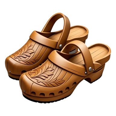Cinematic Realistic Wooden Clogs Emoji, depicted as a pair of traditionally carved wooden clogs with intricate details and rustic charm. sticker