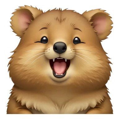 cinematic-realistic  yawning quokka-emoji,-small-round-frame, head tilted in an endearing manner, wouth wide open yawning, sleepy comical smile, round fluffy cheeks, giant-fluffy-cheeks-large-smile-fluffy-brown-fur-radiating-a-warm-softness,-big-round-eyes-filled-with-joy, realistic round  fluffy zoomed in, large black eyes one paw raised in the air sticker