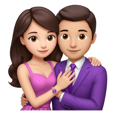 Brunette girl, with an engagement ring on her finger hugging a handsome man, (her boyfriend) both of them happy, she’s wearing a pink dress, he is wearing a suit, he’s also a rich businessman, and there is the 💜 purple heart emoji on top. They look in love with each other sticker