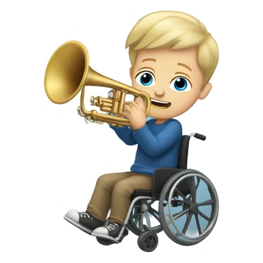 White Boy with dirty blonde hair and blue eyes in a wheelchair holding a trumpet sticker