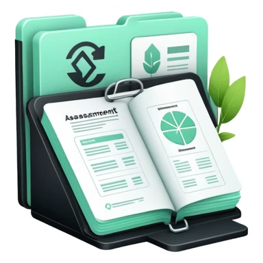 Environnement (Environment), 3D technical icon with black and mint green (#B5F4D3), environmental impact assessment document with regulatory compliance indicators and sustainability metrics sticker