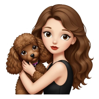girl with long balayage hair and long lashes, wearing black halterneck top, and holding and kissing a brown poodle sticker