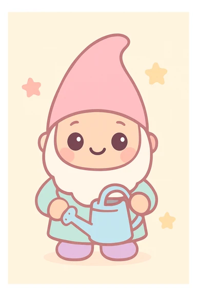 cute garden gnome, holding a watering can, kawaii style, adorable, colorful, charming sticker