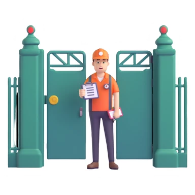 person with a whistle and clipboard standing in front of a closed gate, blocking entry sticker