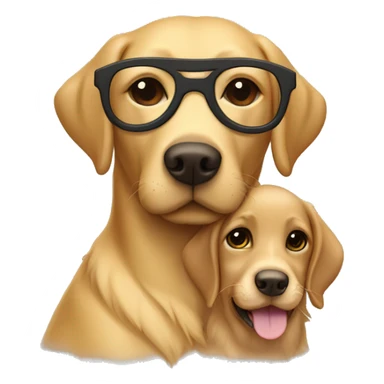 Golden Labrador retriever cuddles with a girl with brown hair, glasses and a nose piercing sticker