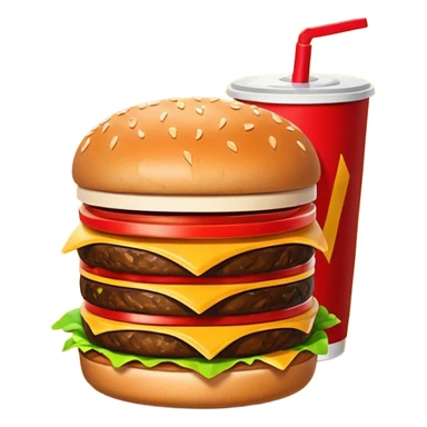 A clean and simple icon of fast food in emoji-style illustration. A burger with fries and a soda cup, bright and bold colors, simple shapes, flat design, high contrast, inviting and appetizing. sticker