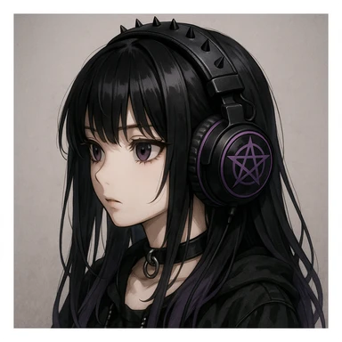 goth headphones, black with purple accents, realistic anime style sticker