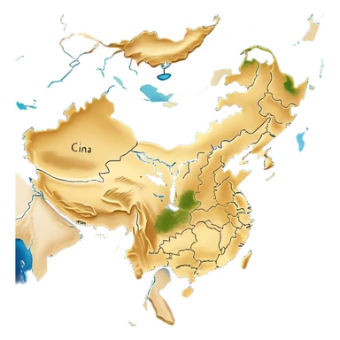Cinematic-realistic outline of china, featuring its distinct landmass with accurately defined coastlines. The deep blue ocean surrounds the golden-brown continent, with subtle topographic shading to highlight its terrain. A soft glowing effect enhances the edges, making the shape stand out against a neutral, textured background. sticker