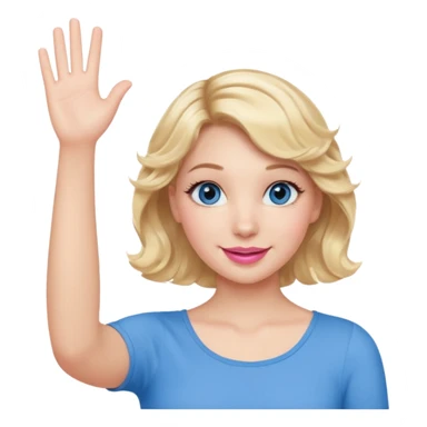 Girl Blonde short wavy hair,  blue eyes, cute blue top, long lashes, pink lips, waving hello  sticker