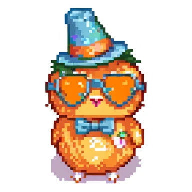Add sunglasses, a party hat, and a bow tie to the orange heart. Keep the retro and vibrant pixel art style with no background as in the reference image. sticker