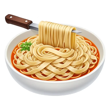 Shanxi knife-cut noodles with irregular thick shape being sliced, simplified emoji style with bold outlines and bright colors, cartoon style traditional Dao Xiao Mian sticker
