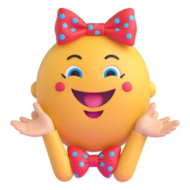 3D smiley emoji, large eyelashes, red polka dot bow, waving with two hands, laughing, blue eyes, cute style sticker