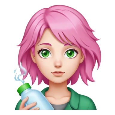 Pink hair green eyed woman with hot water bottle  sticker