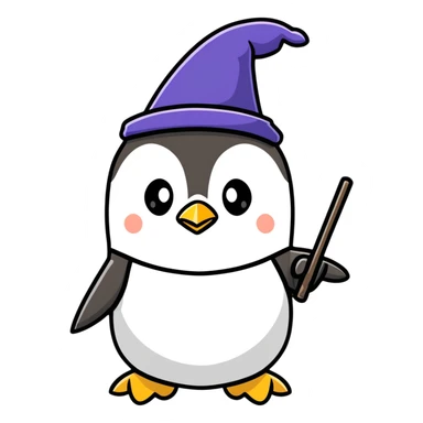 Penguin wizard with magical wand and wizard hat, cartoon sticker sticker