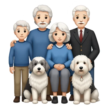 A family with mom, dad, three sons, and an Old English Sheepdog sticker