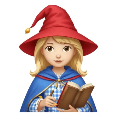 young woman mage with golden blonde hair, red and white gingham dress, blue cloak and pointy hat, holding a spellbook, emoji style sticker