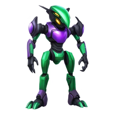 a shiny black-green-purple Genesect-Raptor-Fakémon-Medabot-hybrid with a futuristic visor-helmet full body sticker
