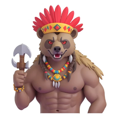 A native strong buff hyena with war bonnet flexing posing holding a chopped off human head by the hair  sticker