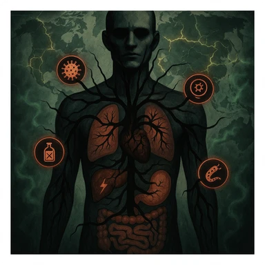 semi-realistic, high contrast human figure with black parasite tendrils branching to organs, each organ marked with a disease icon, world map, glowing fissures, green mist, global impact sticker