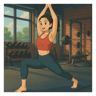 Edit the image of an Asian woman in a yoga pose, energetic, wearing fitness attire, with a gym background in ghibli style. sticker