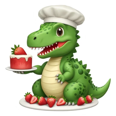 quiero un dinosaurio divertido para niños con delantal y gorro de chef y en la mano una tarta sticker