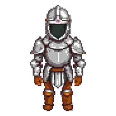 A pixel art knight in armor with a closed helmet, expressing sadness. The knight's arms and legs are in different positions. The image is portrait-sized and has a clear outline. sticker