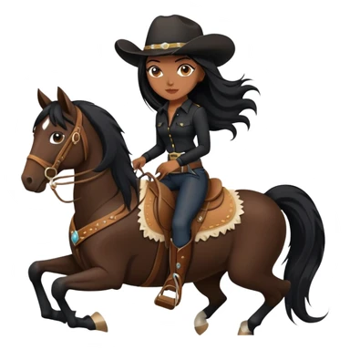 confident hot tanned woman with long black hair wearing black outfit riding a horse cowgirl style sticker