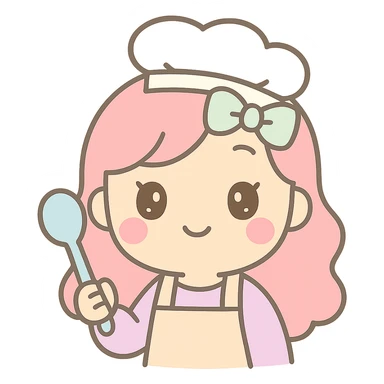 Make the girl cook, same kawaii chibi anime style, flat pastel colors, thick outlines, simple cute features, transparent background. sticker