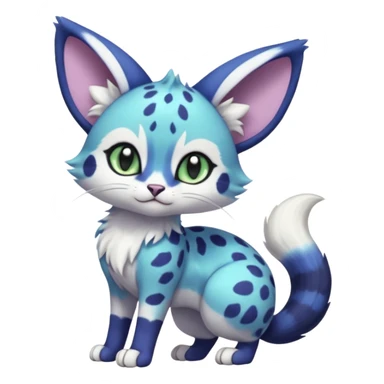 Exotic tropical shiny cute realistic Cobalt-Blue green purple black white Purloin-Meowstic-Minccino-Cinccino-serval-furret-Noibat-caracal-fusion-hybrid-creature (full body) sticker