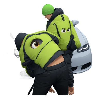 boy in jacket by car sticker