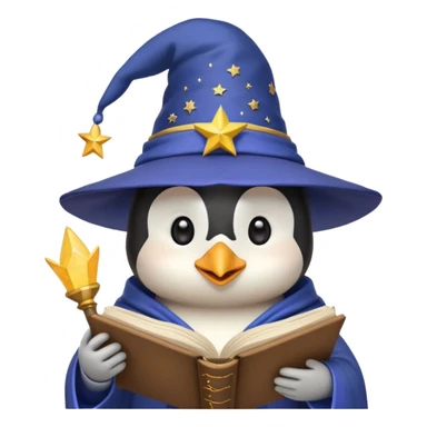 cute penguin wizard holding an open spellbook with a starry hat, emoji style sticker