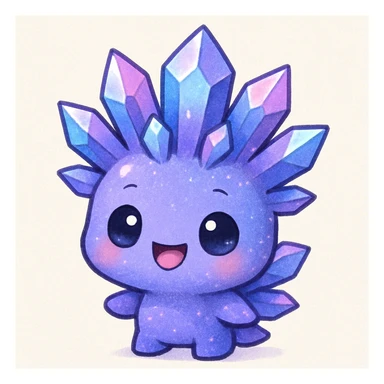 Change the expression to happy, keeping the chibi kawaii crystal sprite creature in purple, blue, and pink colors, cute and adorable, with crystal-like features. Maintain the chibi kawaii crystal sprite style and color scheme. sticker