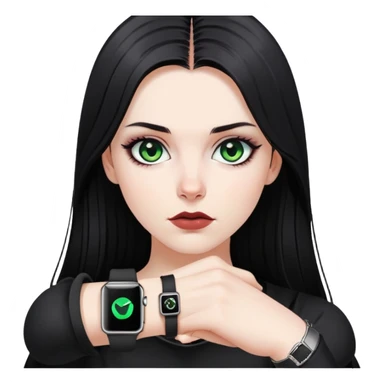 white girl, dark hair, goth style, straight hair, green eyes, without lipstick, apple watch on hand sticker
