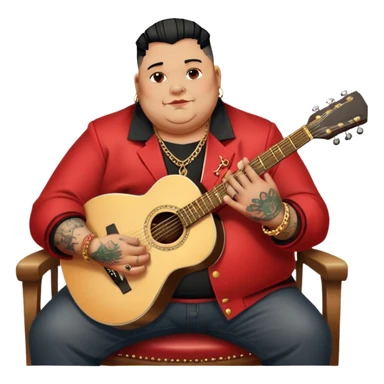Icon for Chanson: Old fat chanson singer with tattoos, red jacket, gold chains and braslettes, sitting on a chair with an acoustic guitar. The atmosphere should reflect a nostalgic, soulful vibe with vintage elements. Transparent background. sticker