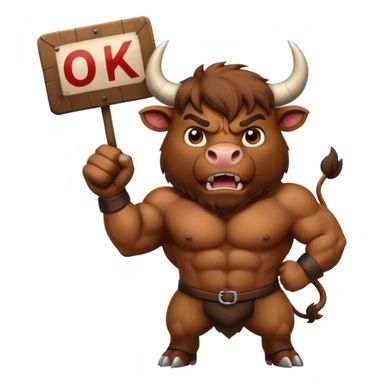Angry powerful bull emoji holding a sign with the words OK in front of it sticker