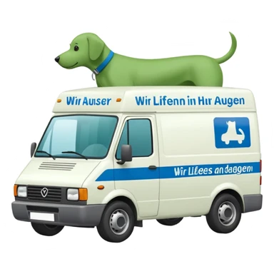 a white delivery van with green and blue color on the delivery van tarpaulin. Text: Wir liefern bis an die Türe. Ausser Ihr Hund ist dagegen" sticker