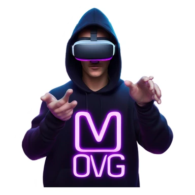 Russian man wearing a black hoodie with "OMG" letters on it and VR headset oculus quest 2 in a cyberpunk VR environment with violet neon lighting. Showing direction with hand sticker
