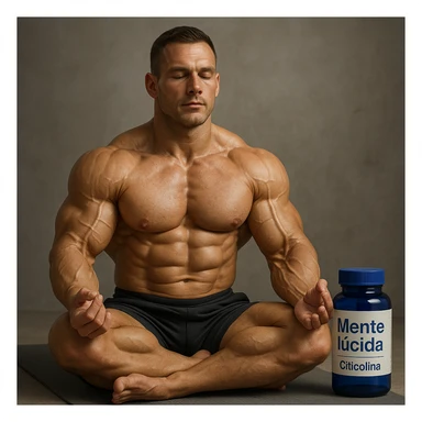 hyper realistic bodybuilder meditating with Citicolina nearby, defined muscles, yoga pose, blue bottle, text 'Mente lucida', zen atmosphere, realistic details sticker